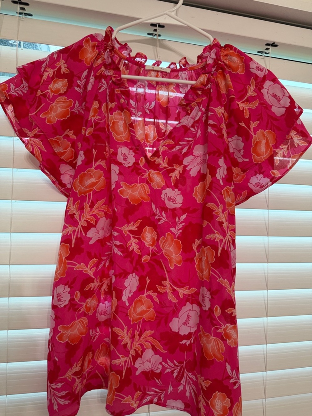 Pleione Pink and Orange Floral Flutter-Sleeve Blouse